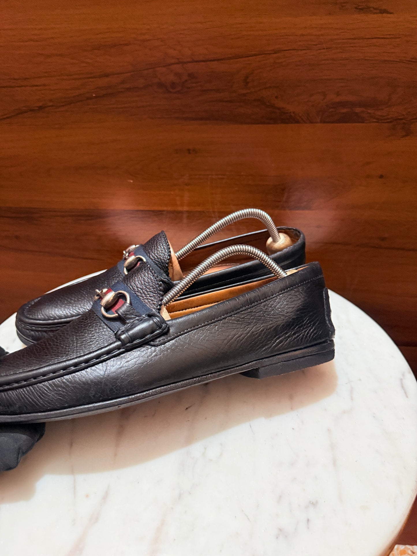 Gucci Web Strap Horsebit Grain Leather Loafers