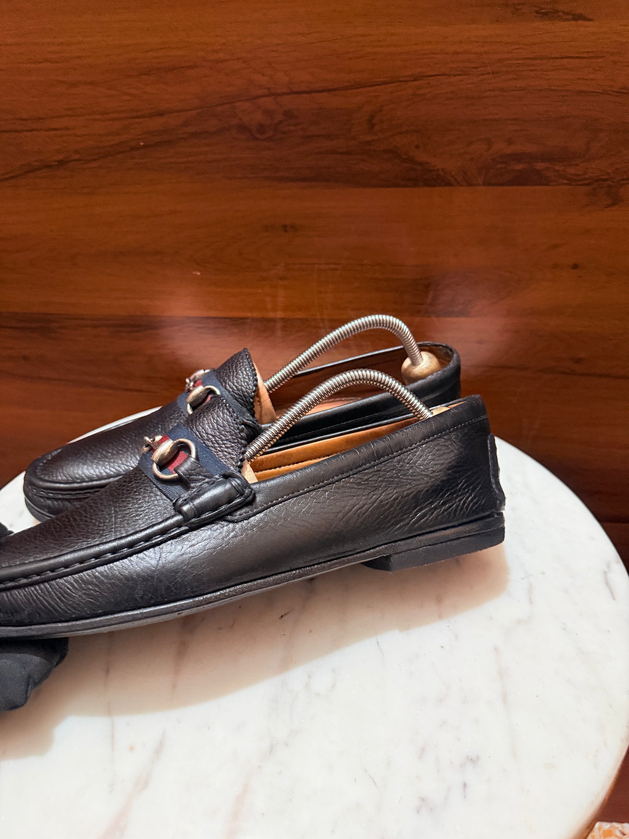 Gucci Web Strap Horsebit Grain Leather Loafers