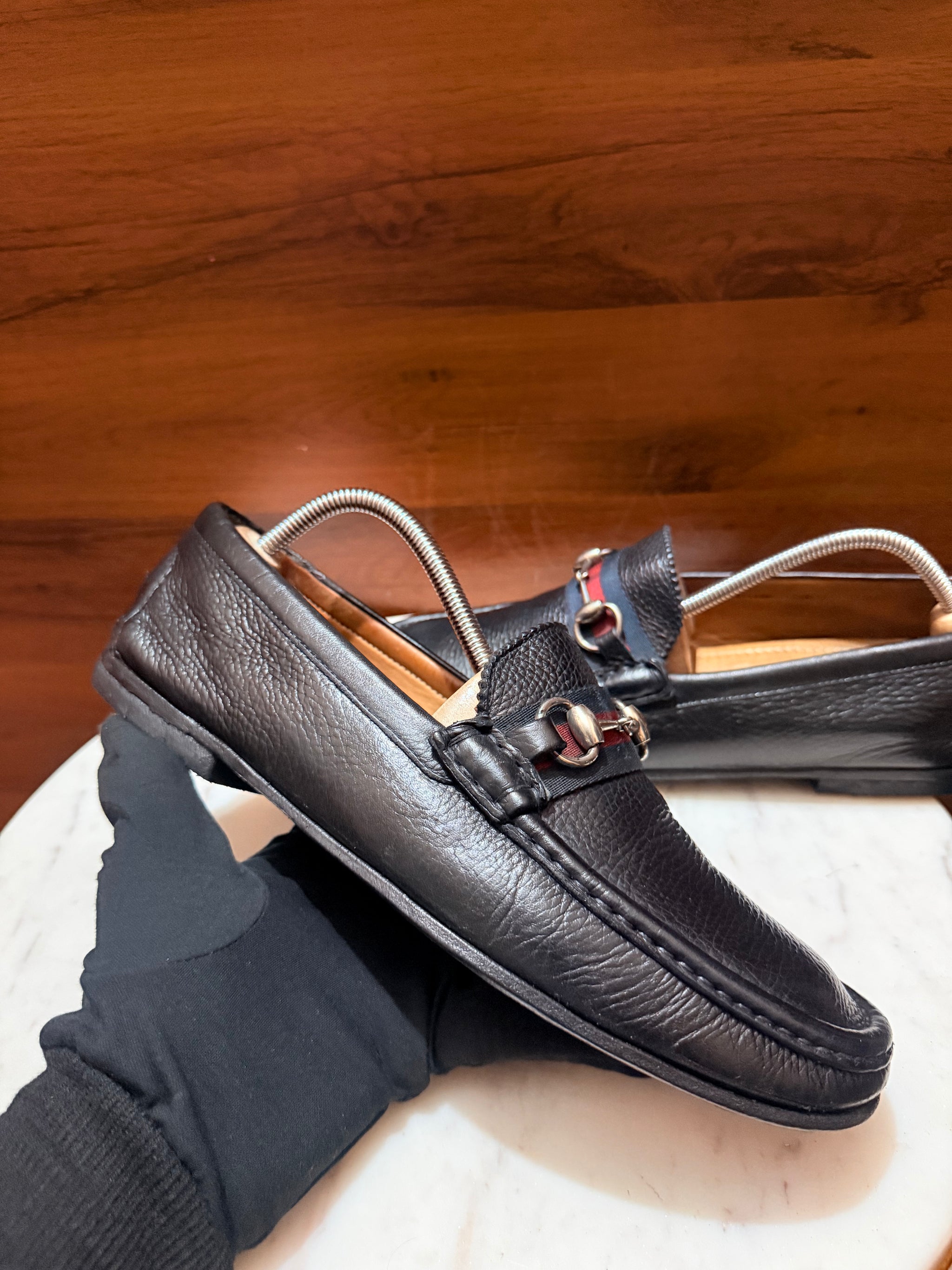 Gucci Web Strap Horsebit Grain Leather Loafers