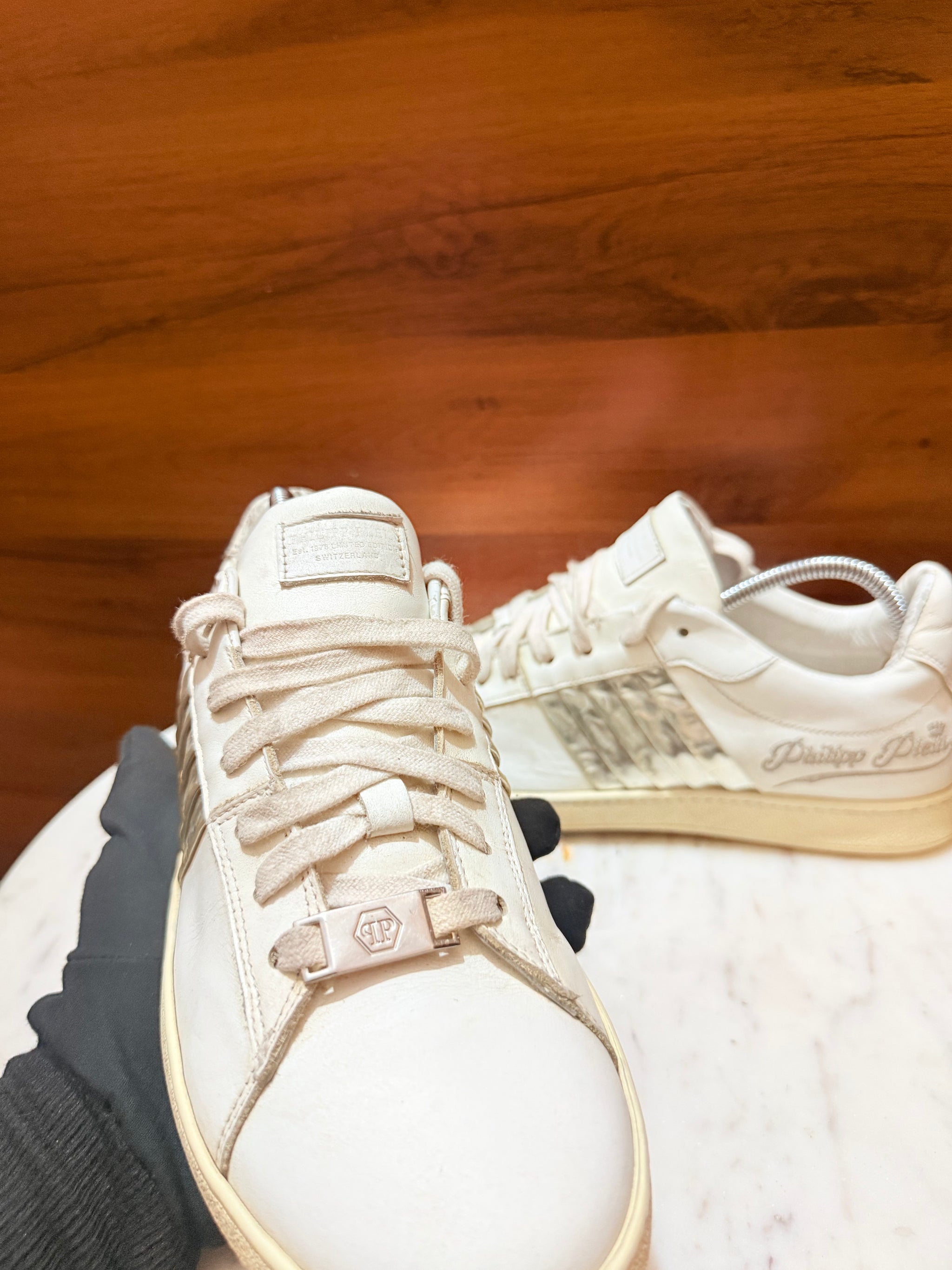 Philipp Plein Metallic Side-Striped Leather Sneakers