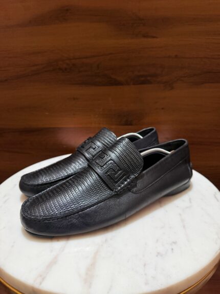 Versace – Lizard-Embossed Leather Greca Strap Driving Loafers