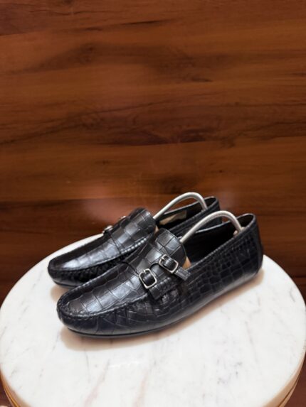 Rosso Brunello – Croc-Embossed Leather Double Monk Strap Driving Loafers