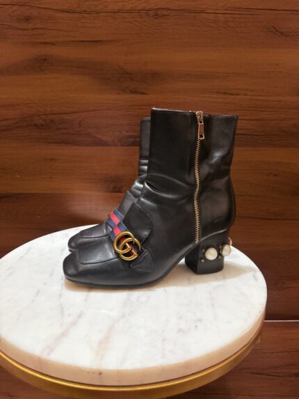 Gucci – Peyton GG Pearl Web Leather Ankle Boots